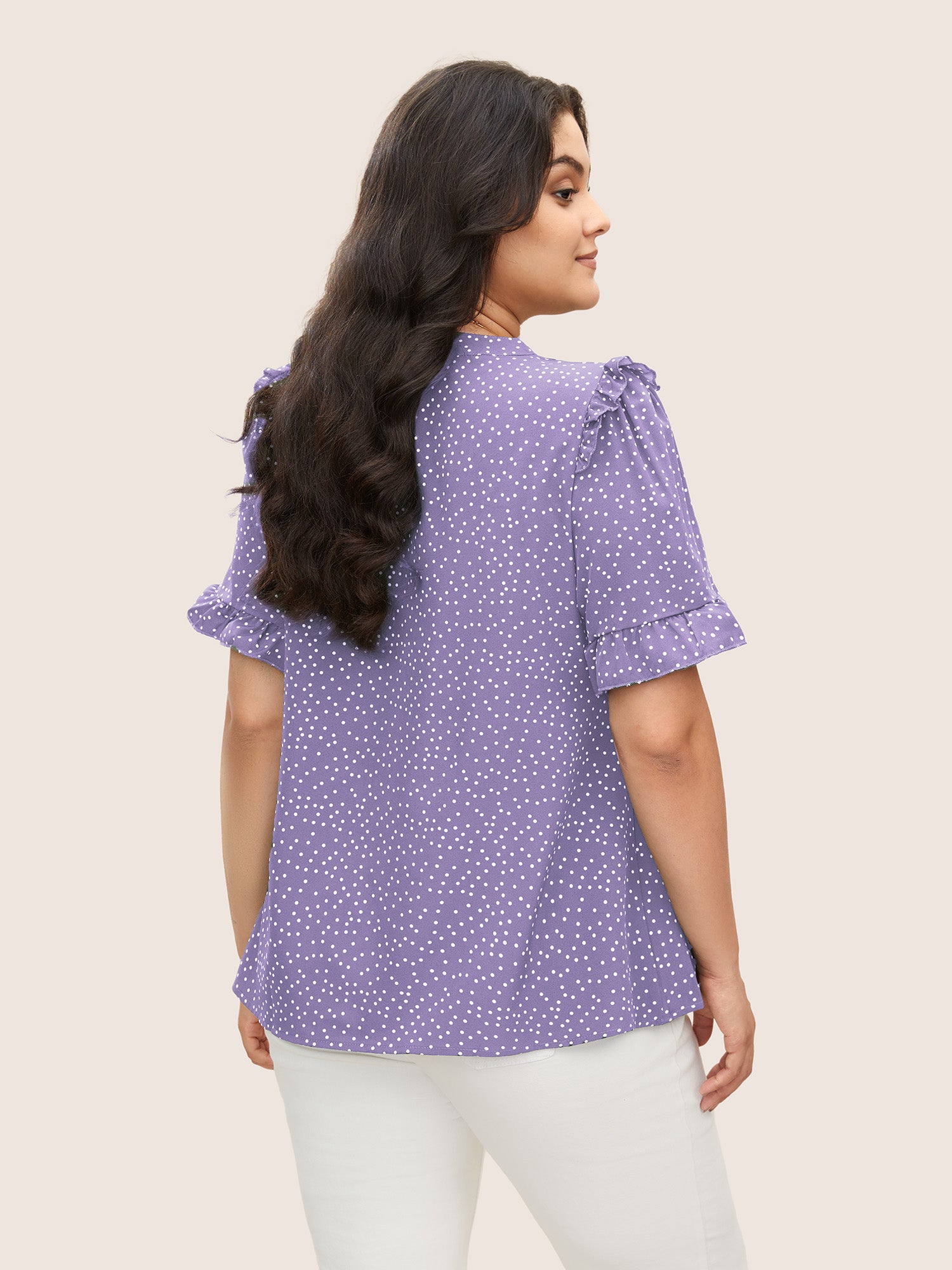 Polka Dot V Neck Ruffle Trim Blouse