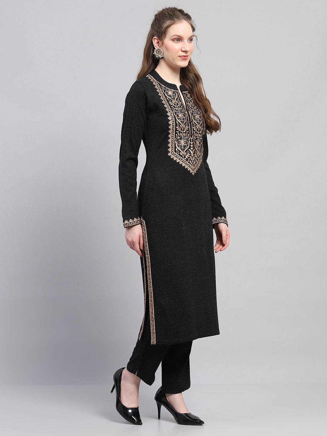 Women Black Embroidered Round Neck Full Sleeve Kurti Set for Winter