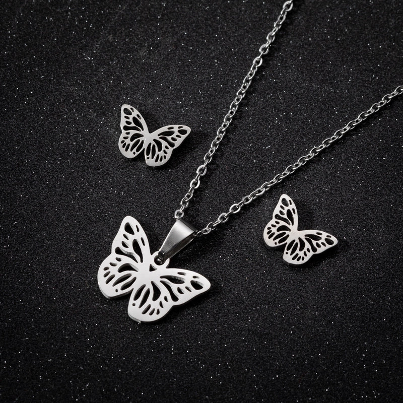Fashion Butterfly 201 Stainless Steel 18K Gold Plated Plating Earrings Necklace