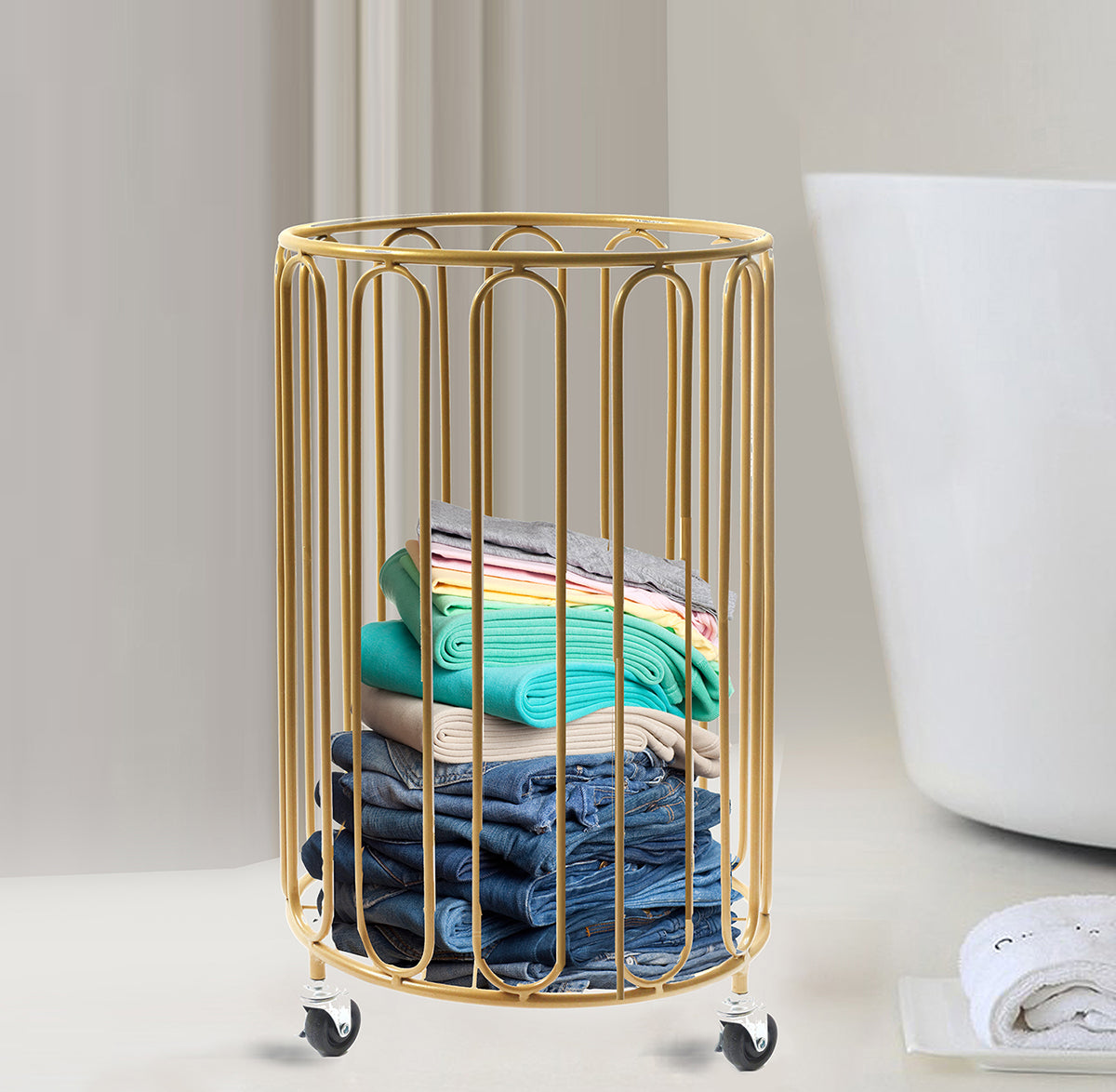 54cm Modern Round Metal Laundry Basket With Wheels. Gold