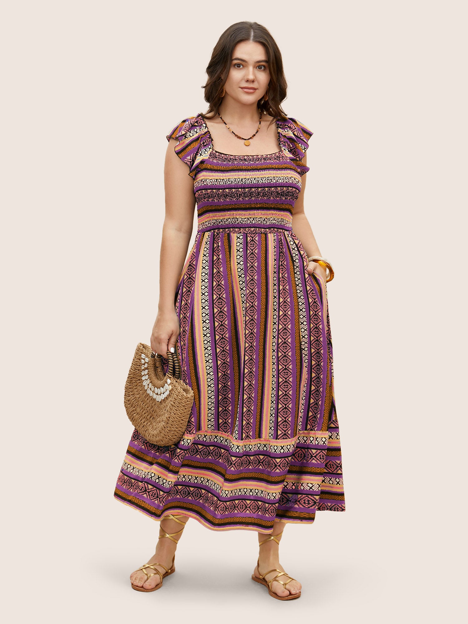 Bandana Striped Shirred Ruffle Trim Dress