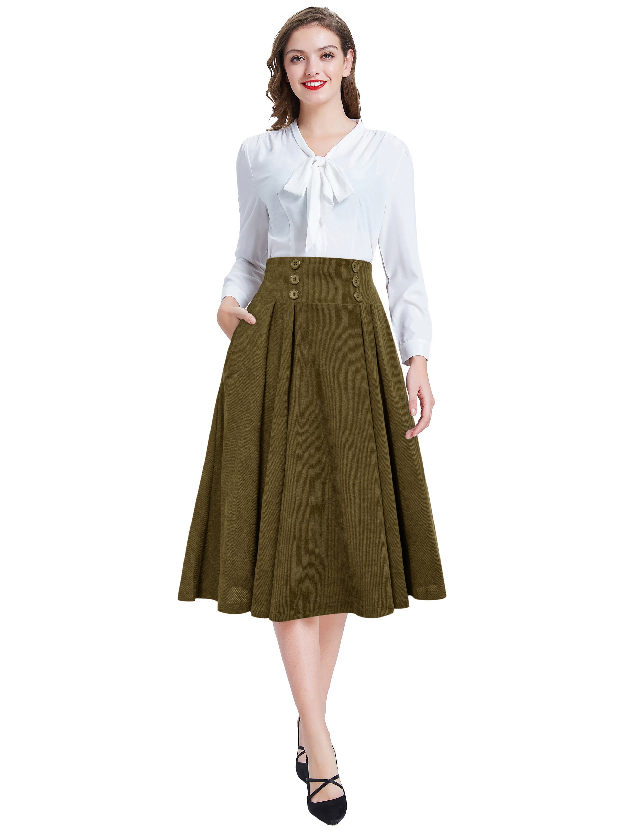 Vintage Corduroy Skirt Elastic High Waist Buttons Decorated Swing Skirt with Pockets