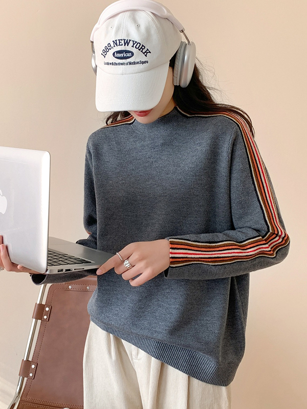 Long Sleeves Loose Contrast Color Striped Mock Neck Pullovers Sweater Tops