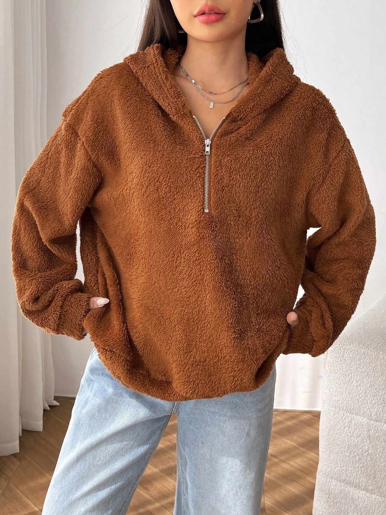 Parien Half Zip Drop Shoulder Teddy Hoodie