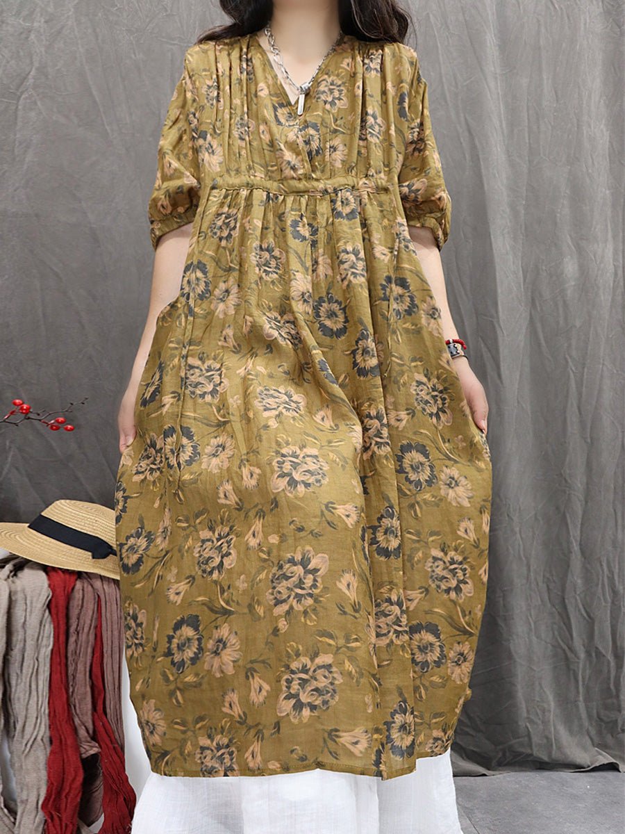 Women Summer Artsy Flower V-Neck 100%Ramie Dress