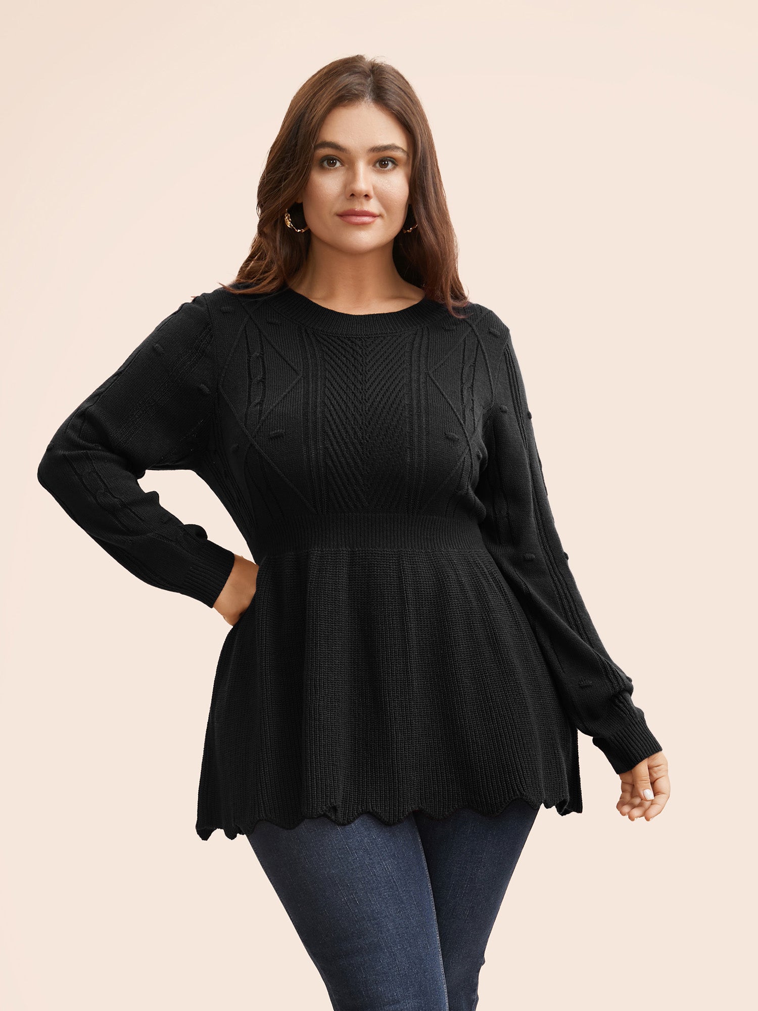 Plain Textured Scalloped Trim Pullover