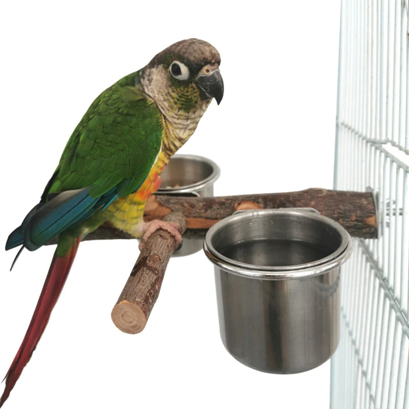 Bird Perch Tree Wood Stand With Stainless Steel Feeding Cups