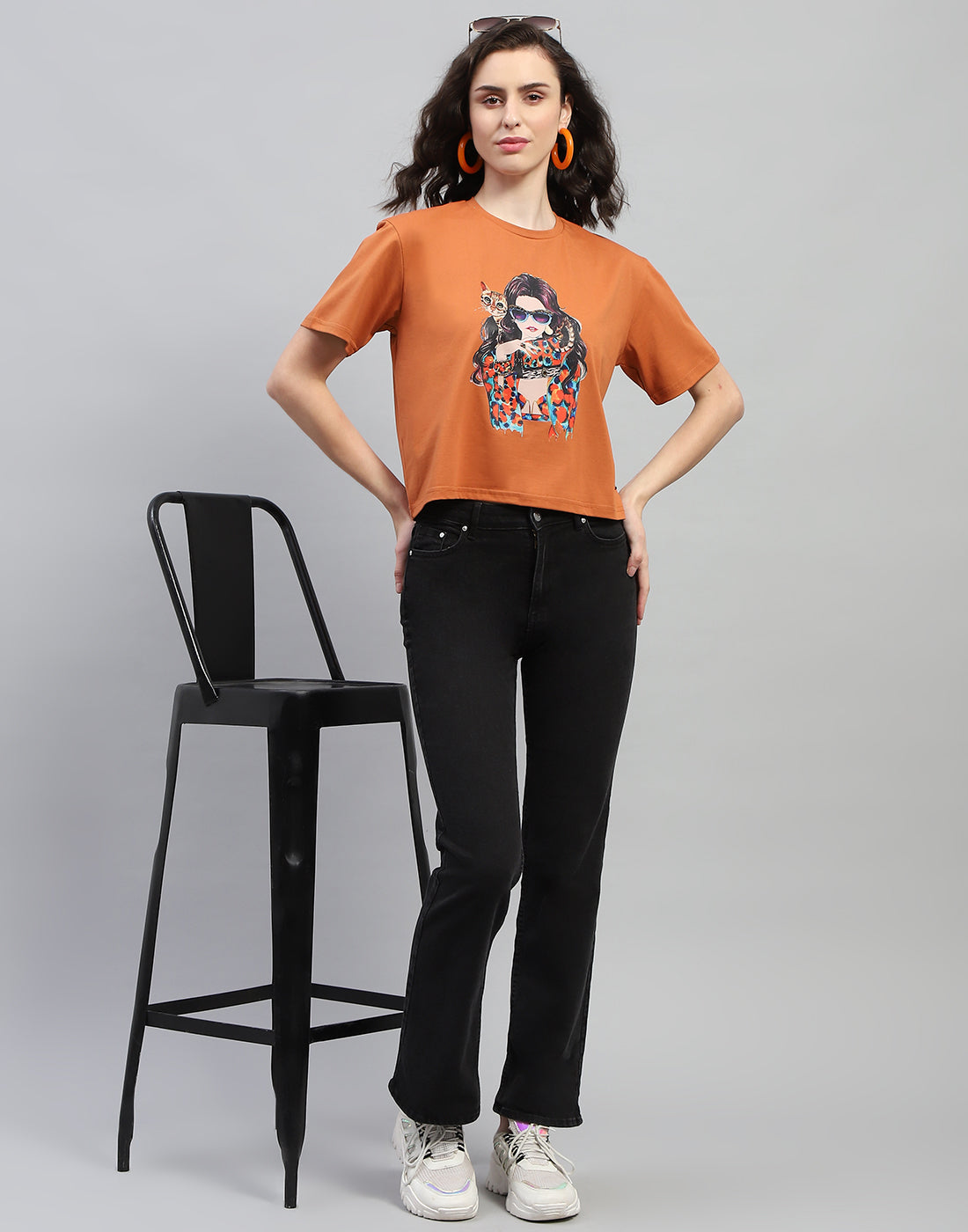 Women Tan Printed Round Neck Half Sleeve Top