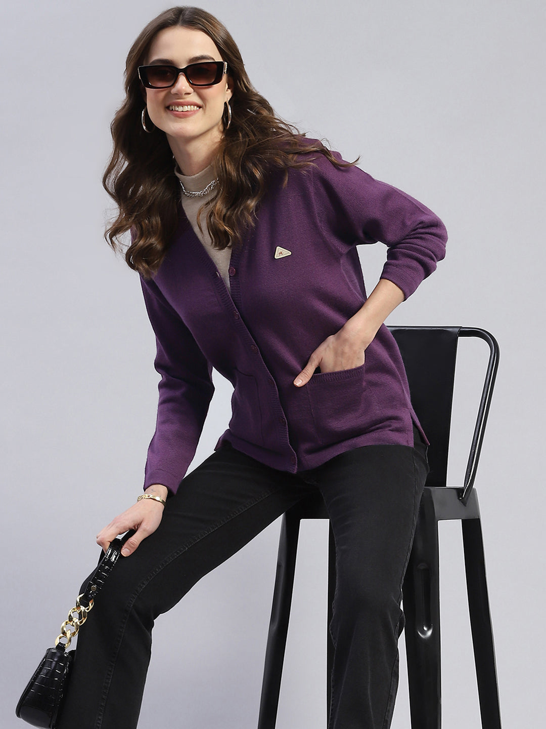 Women Purple Solid V Neck Full Sleeve Cardigan