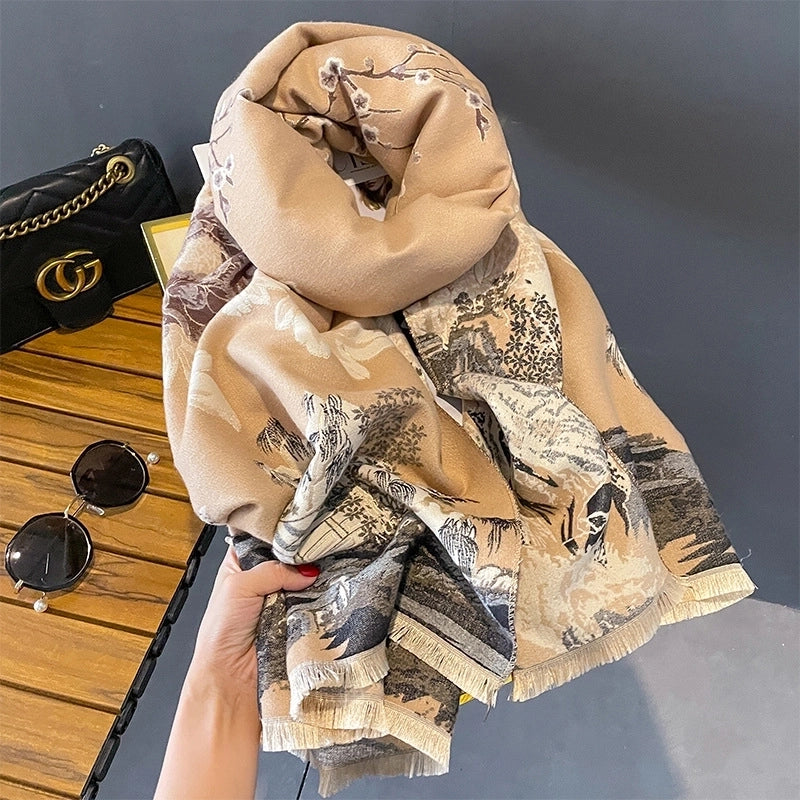 Women's Elegant Minimalist Landscape Imitation Cashmere Tassel Scarf