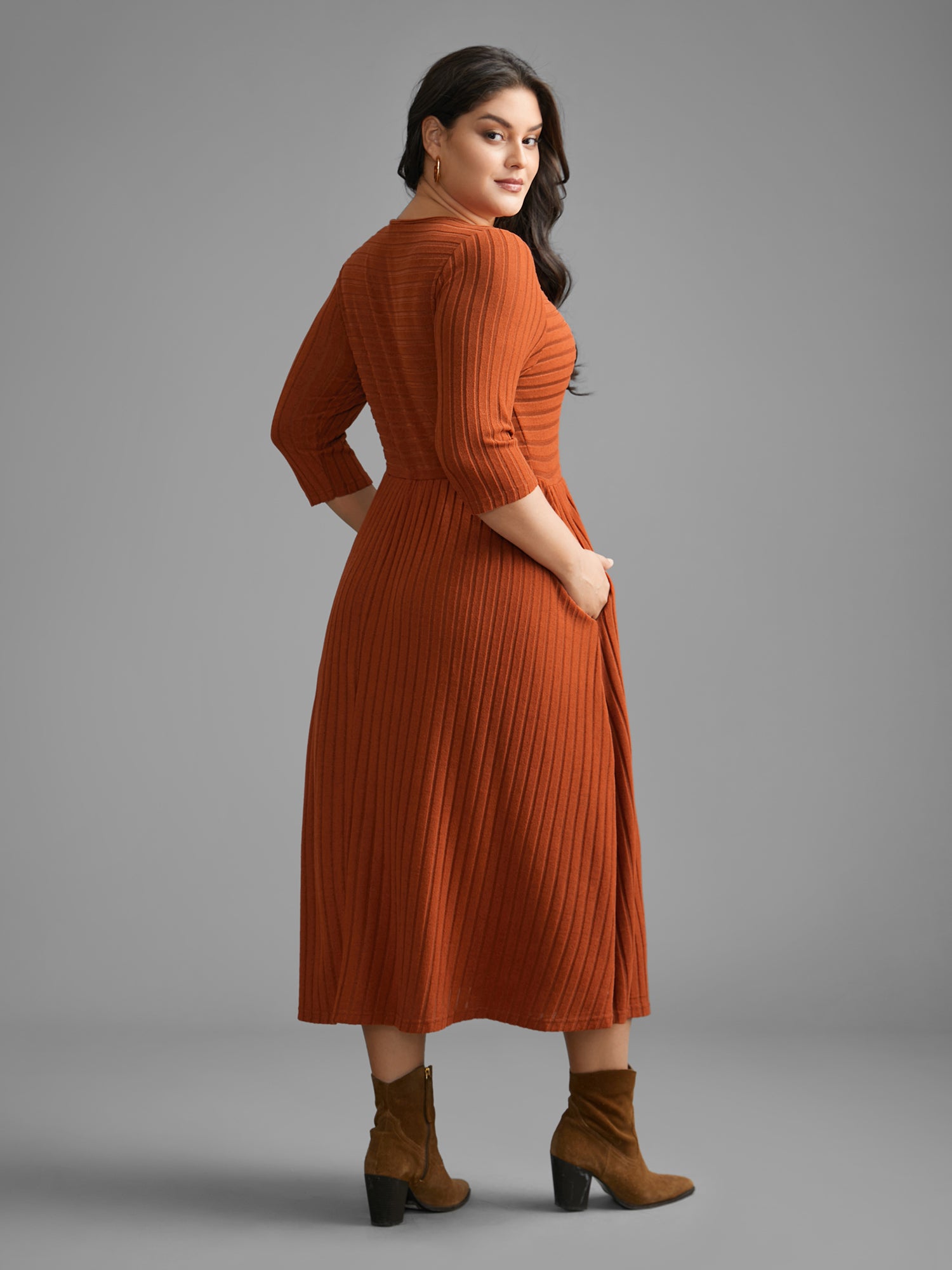 Plain Rib Knit Pocket Midi Dress