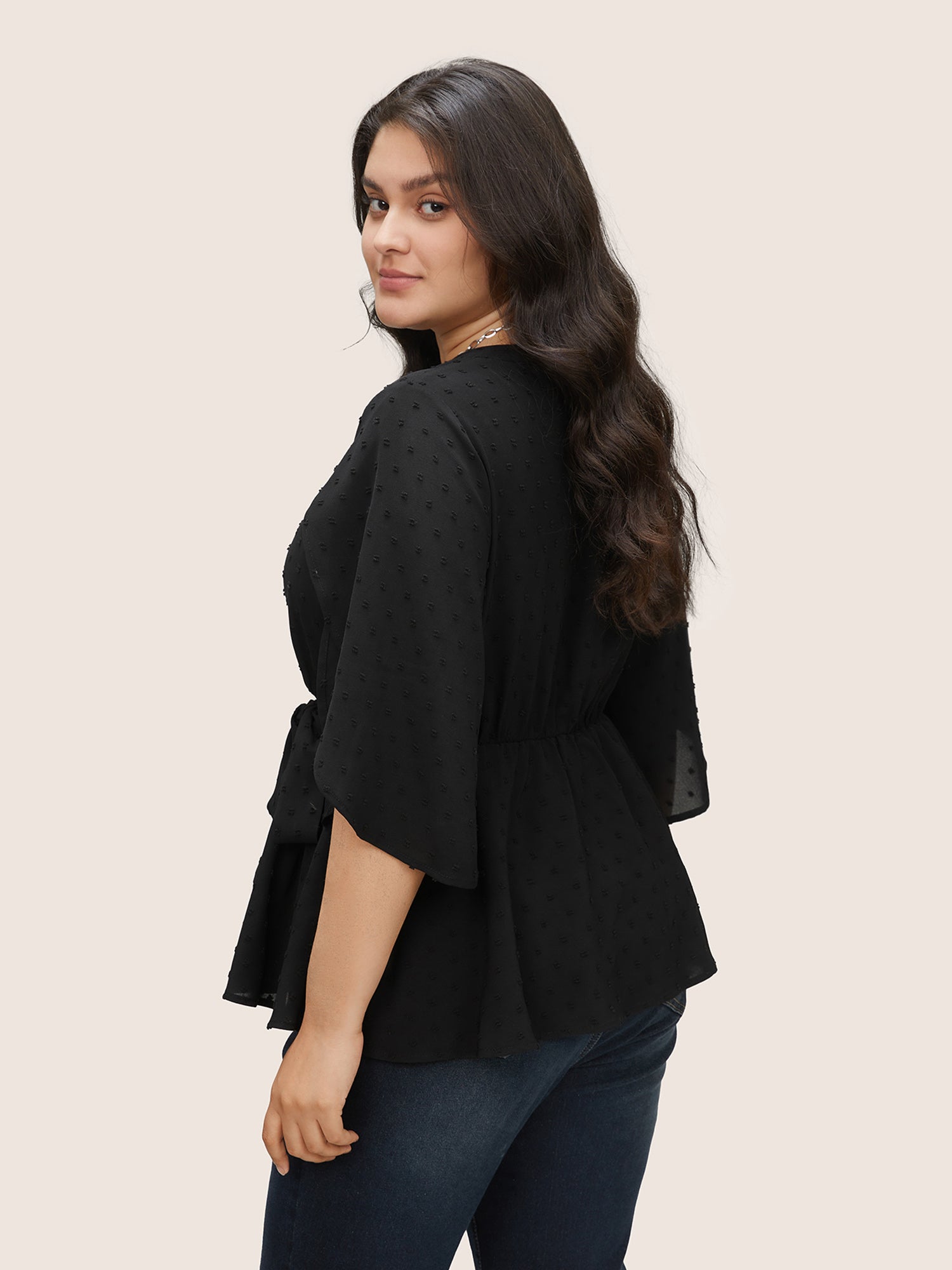 Plain Textured Petal Sleeve Ties Blouse