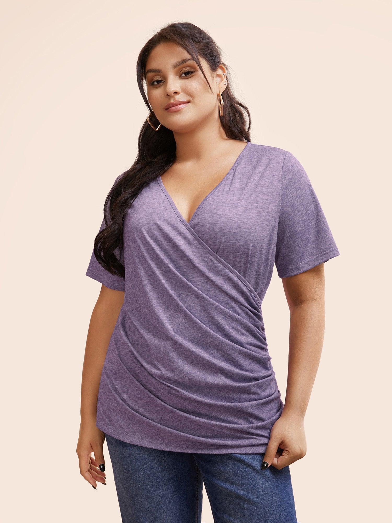 Solid Heather Overlap Collar Gathered T-shirt