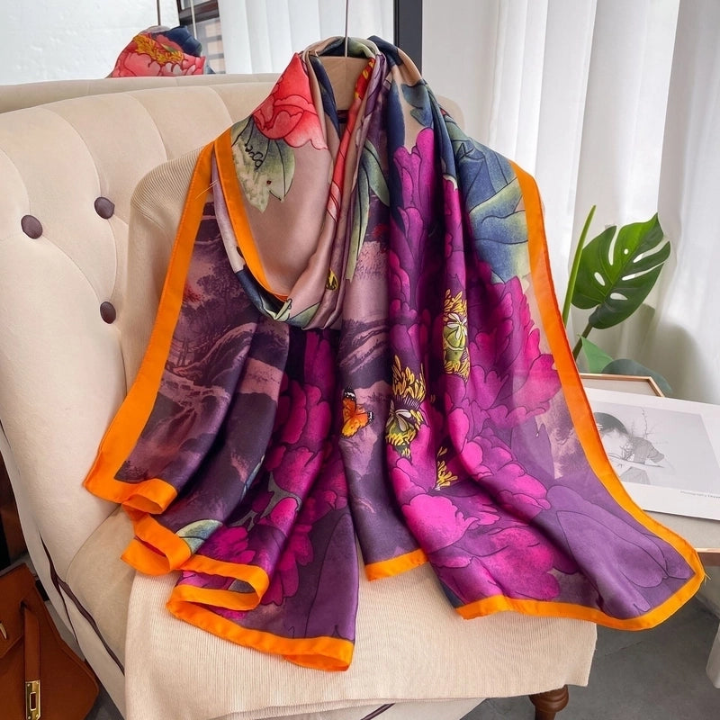 Women's Casual Vacation Beach Printing Satin Printing And Dyeing Printing Floral Silk Scarf Shawl