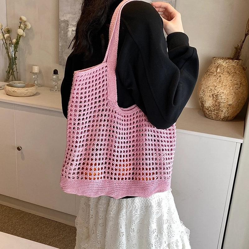 Women's Medium Knit Solid Color Basic Classic Style Hollow Square Open Shoulder Bag