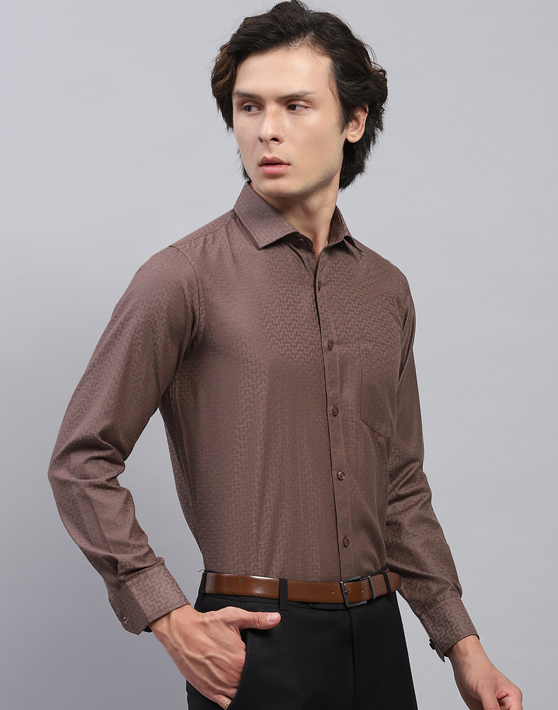 Men Brown Self Design Collar Full Sleeve Shirt