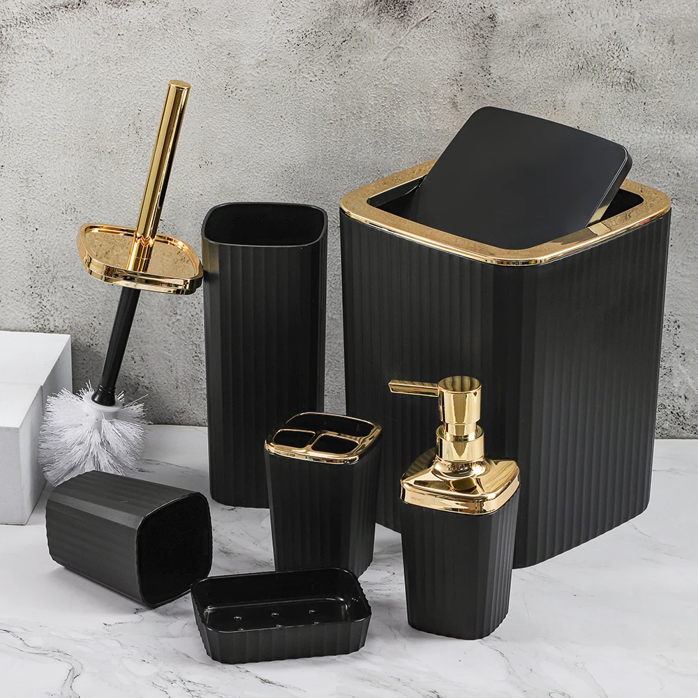 Luxury Europe Plastic Toilet Bathroom Set 6 Piece Modern Metal Sleek Matte Black Gold Bathroom Accessories for Home