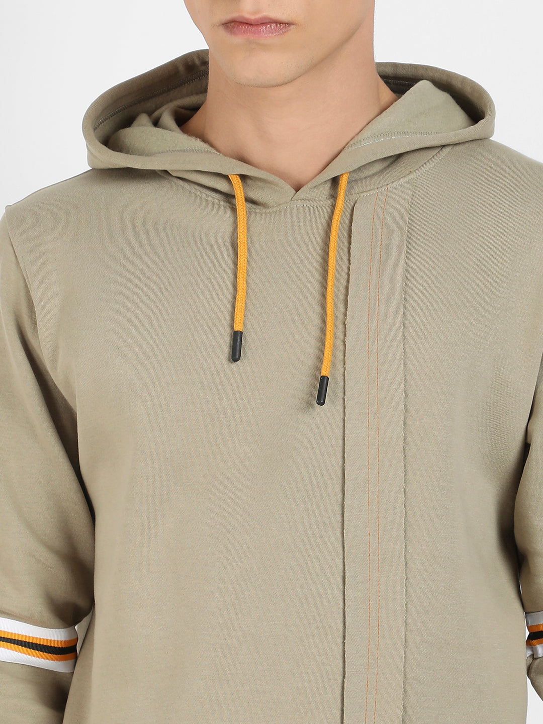 Pullover Hoodie With Contrast Striped Sleeve