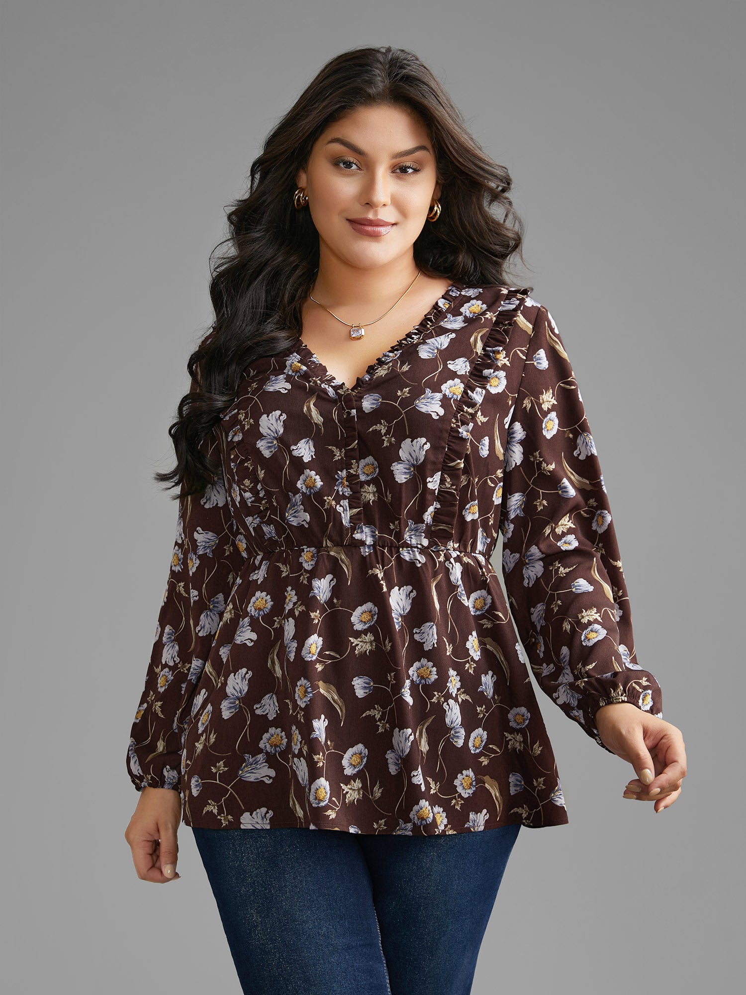 Floral Lantern Sleeve Frill Trim Blouse