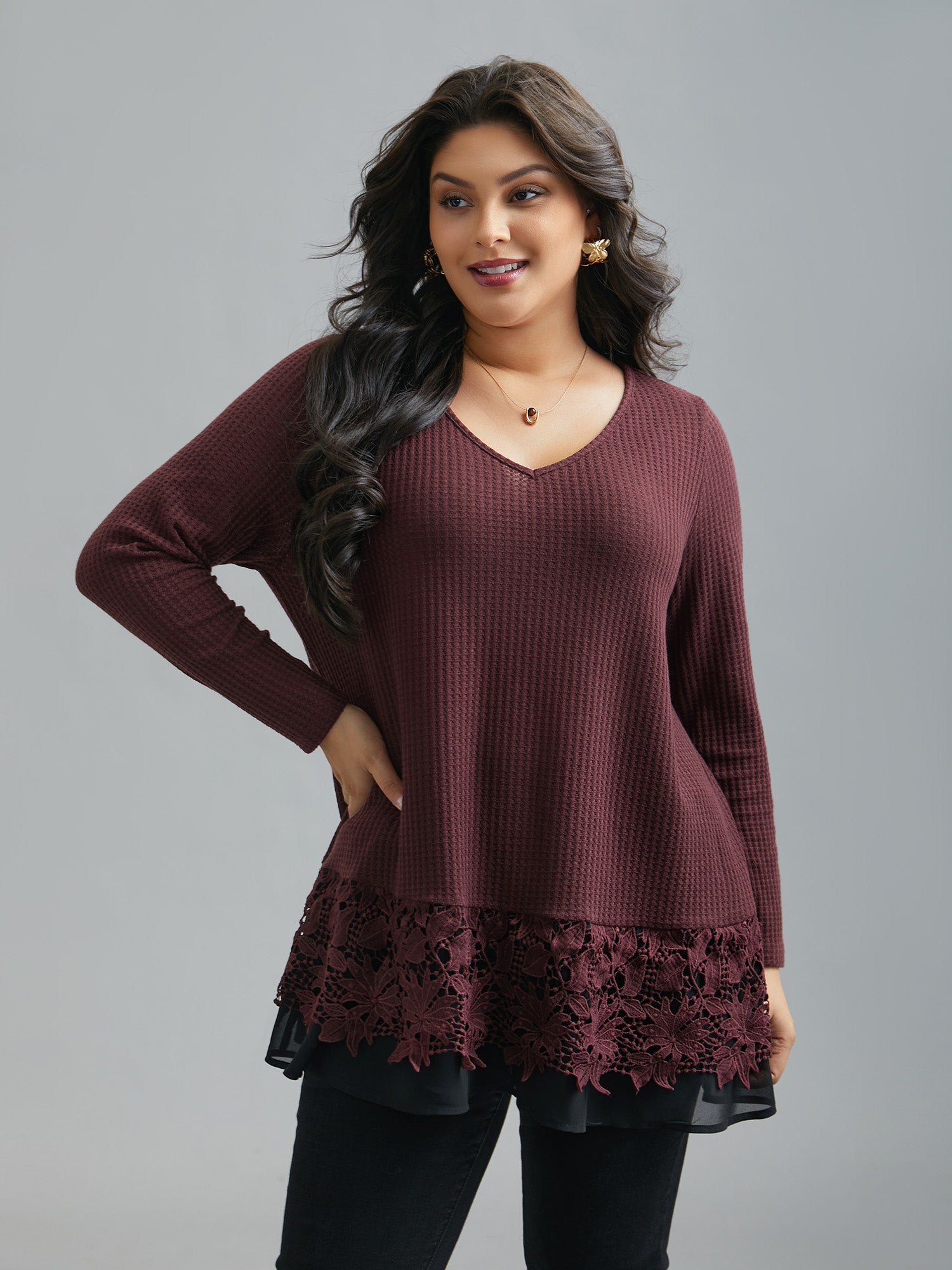 Scalloped Lace Waffle Knit Top