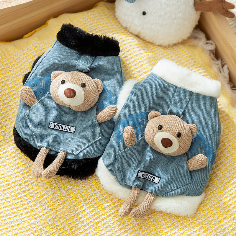 Denim Bear Decor Fleece Dog Harness Jacket