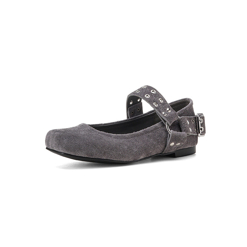 Women's Square Toe Leather Mary Jane Flats with Studded Strap Design in Green/Blue/Brown/Grey