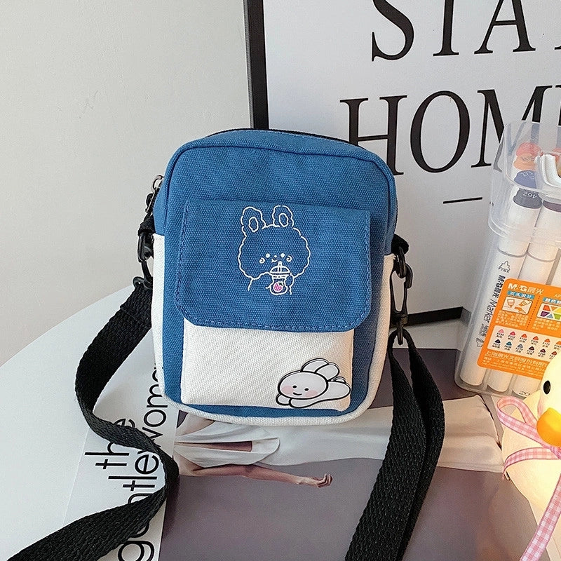 Women's Small Canvas Animal Color Block Basic Preppy Style Square Zipper Shoulder Bag Canvas Bag Crossbody Bag