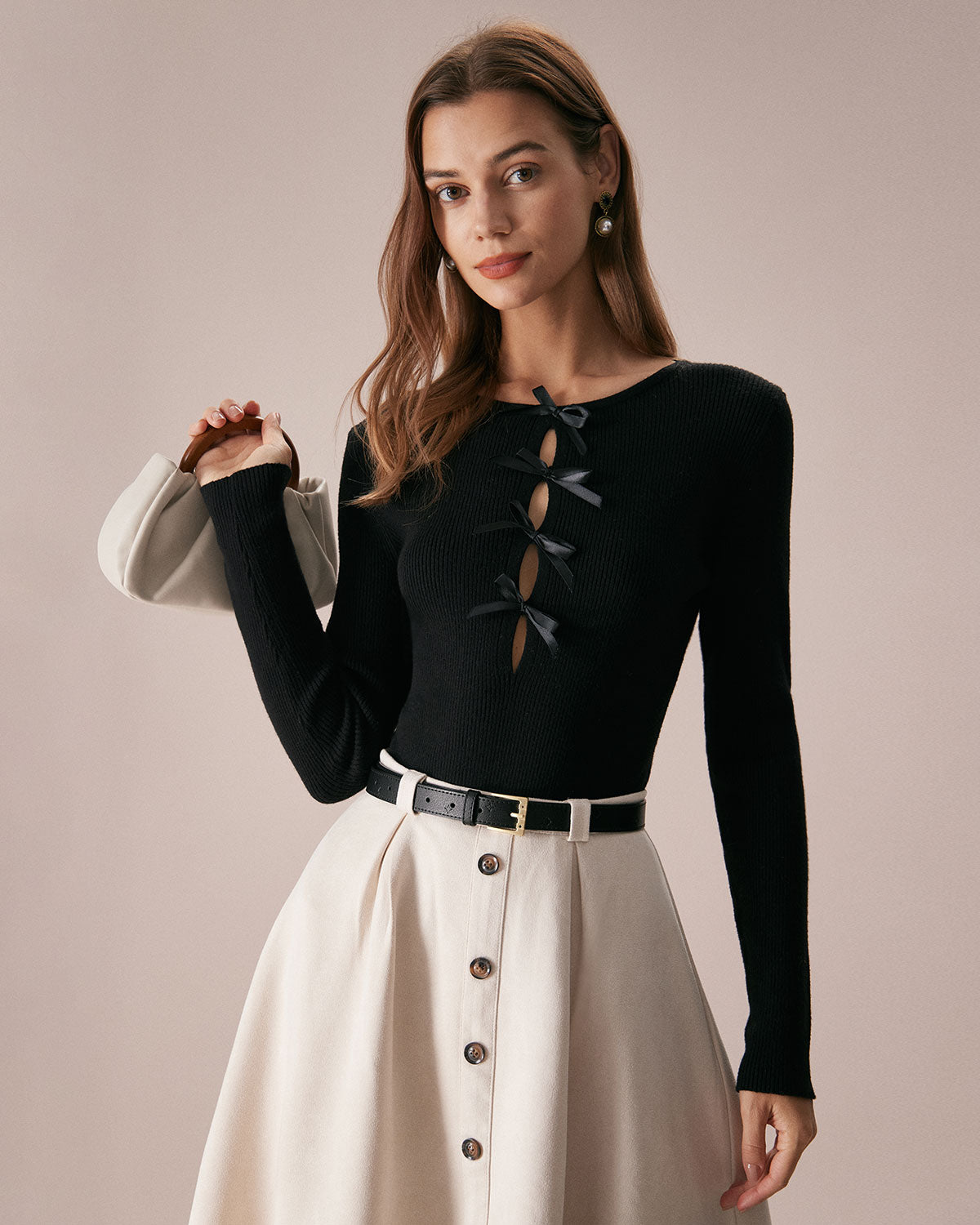 The Black Boat Neck Bowknot Front Knit Top