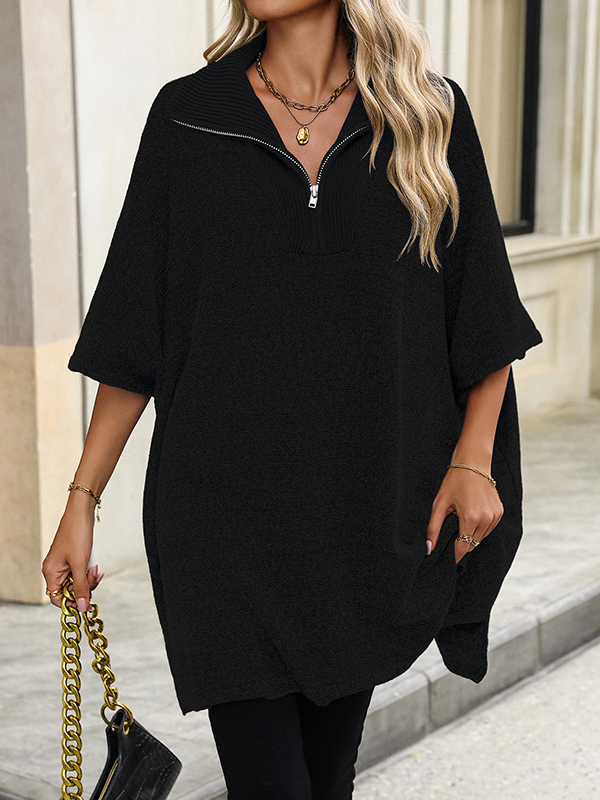 Loose Three-Quarter Sleeves Split-Joint Zipper V-Neck Sweater Tops