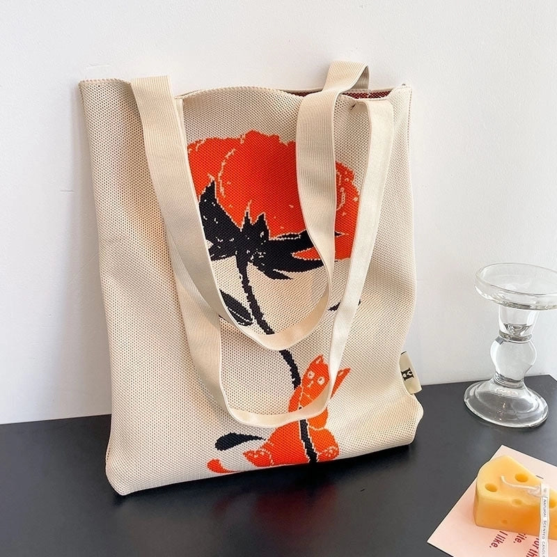 Women's Medium Knit Flower Vintage Style Open Tote Bag