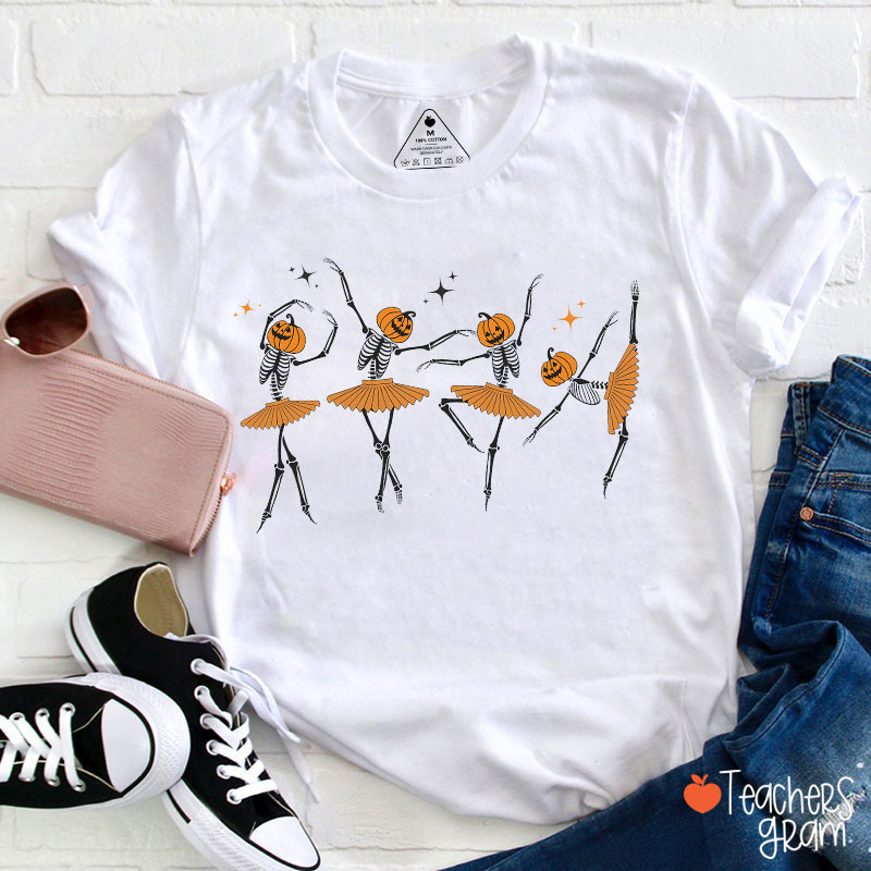 Dancing Pumpkin Skeleton Teacher T-Shirt