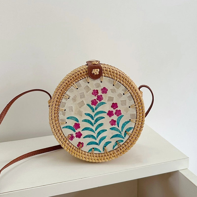 Women's Medium Rattan Floral Elegant Magnetic Buckle Dome Bag