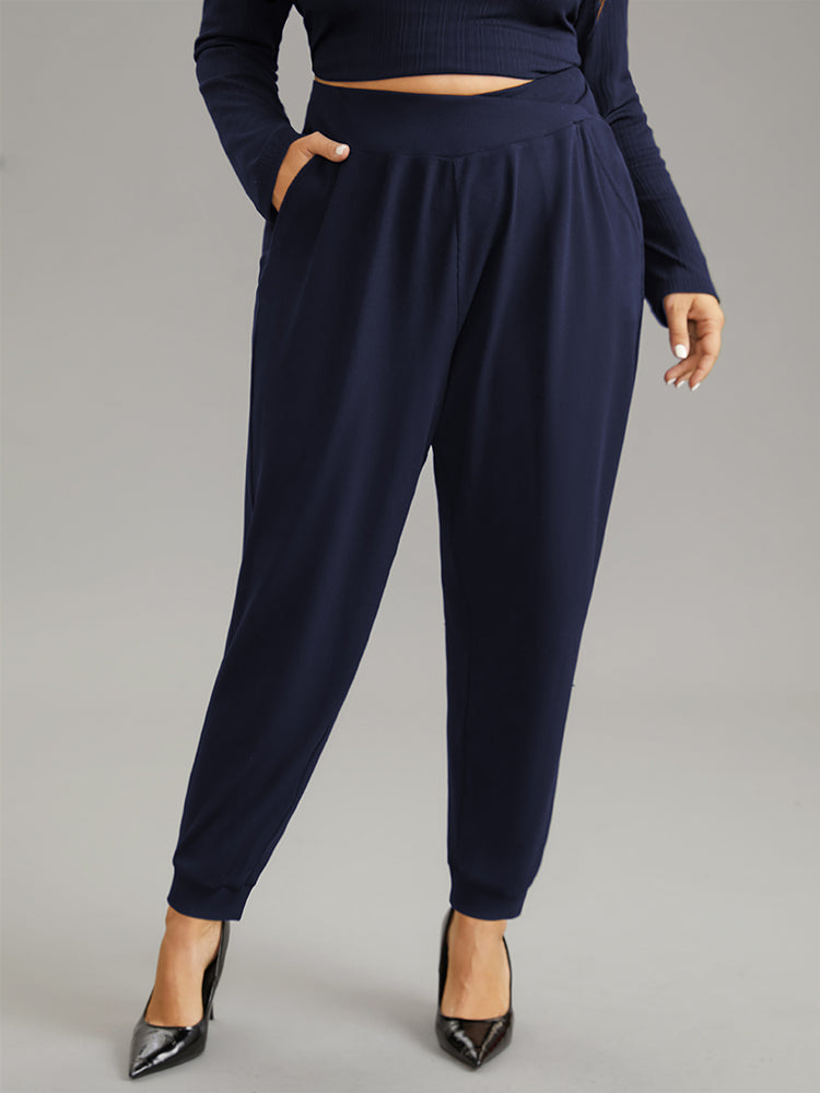 Crossover Plain Texture High Rise Pants