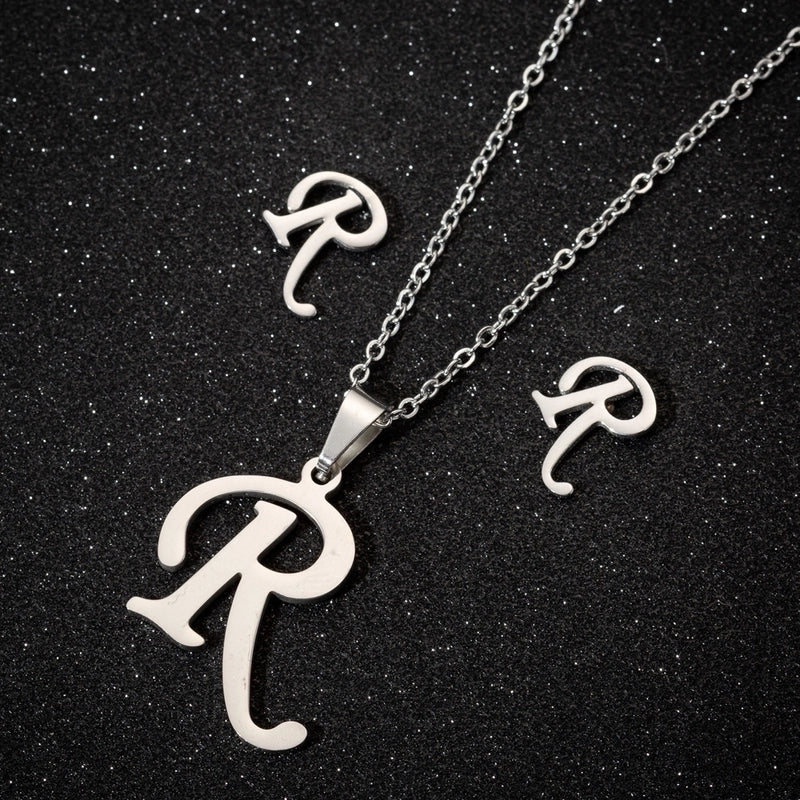 Women's Fashion Minimalist Letter Stainless Steel Pendant Necklace Ear Studs Plating Jewelry Sets