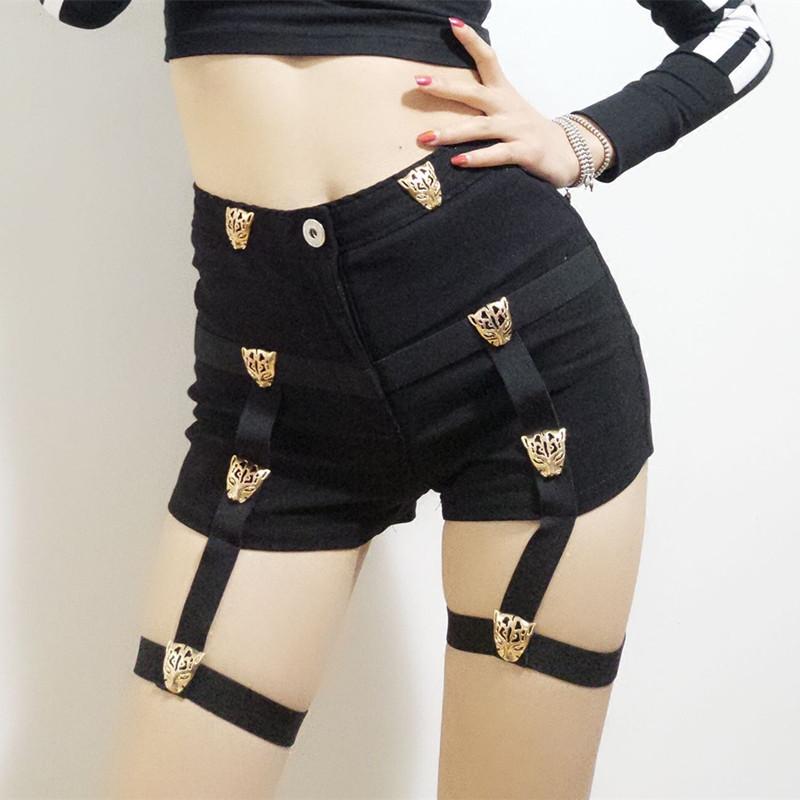 {Normal Version}Punk Tiger Garter Black High Waist Shorts  KF2044