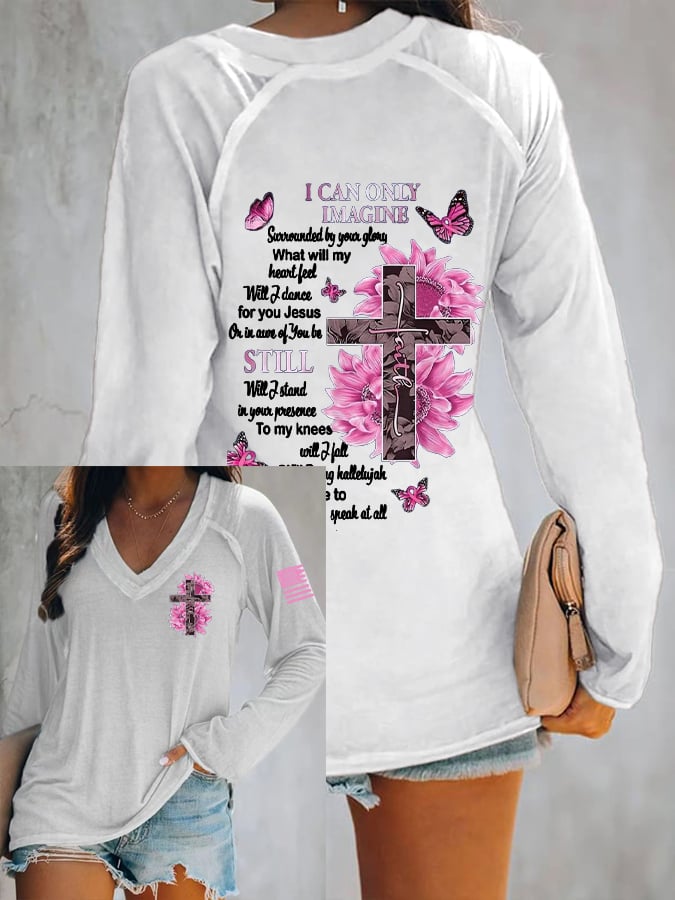 Womens Sunflower Jesus Cross Butterfly I Can Imagine Breast Cancer Awareness Print Casual Long Sleeve T-Shirt