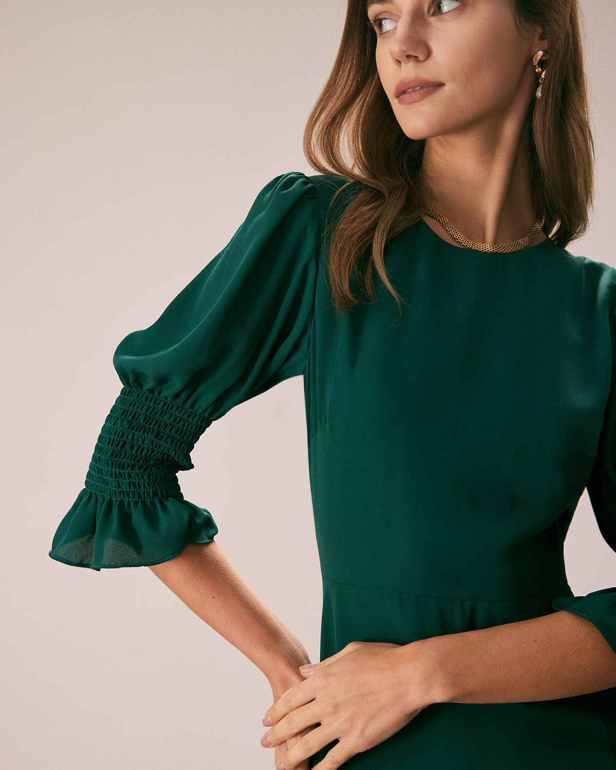 The Green Crew Neck Ruffle Slit Midi Dress