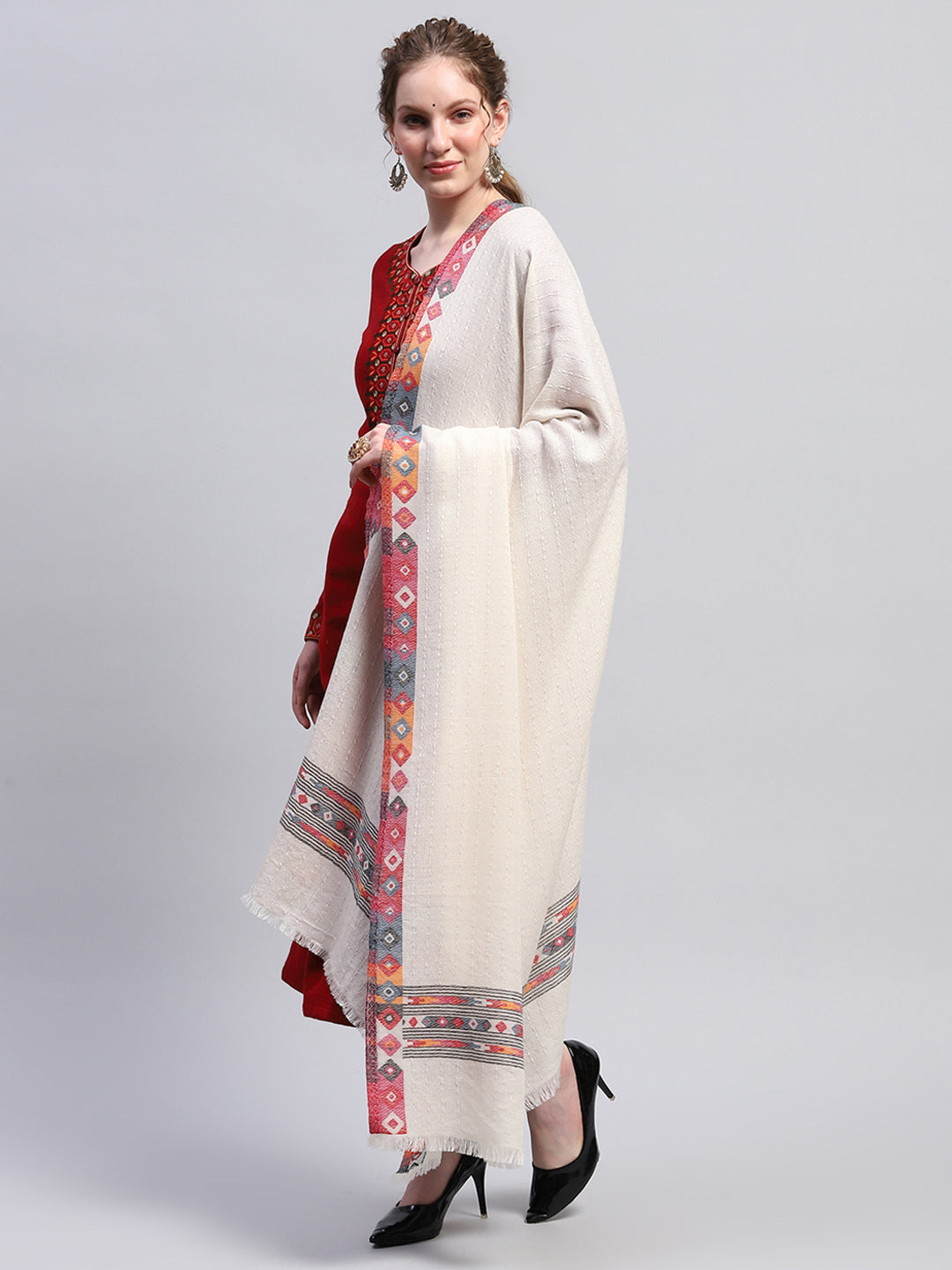 Women Cream Self Design Shawl