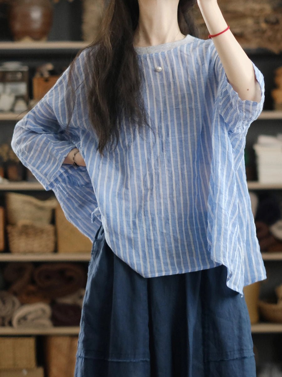 Women Summer Casual Stripe O-Neck Cotton Shirt