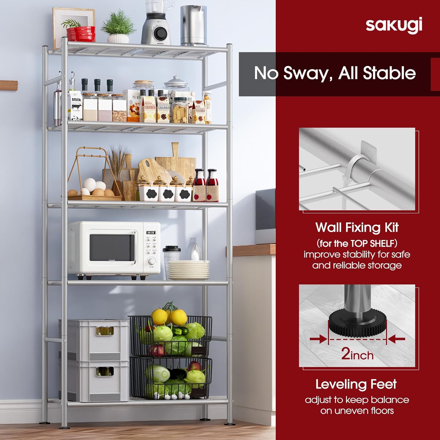Storage Shelves - 5 Tier Shelf Organizer, Heavy Duty Garage Shelving Unit with Leveling Feet, Stable Metal Shelves Organizer for Pantry, Kitchen and Closet, 33.0