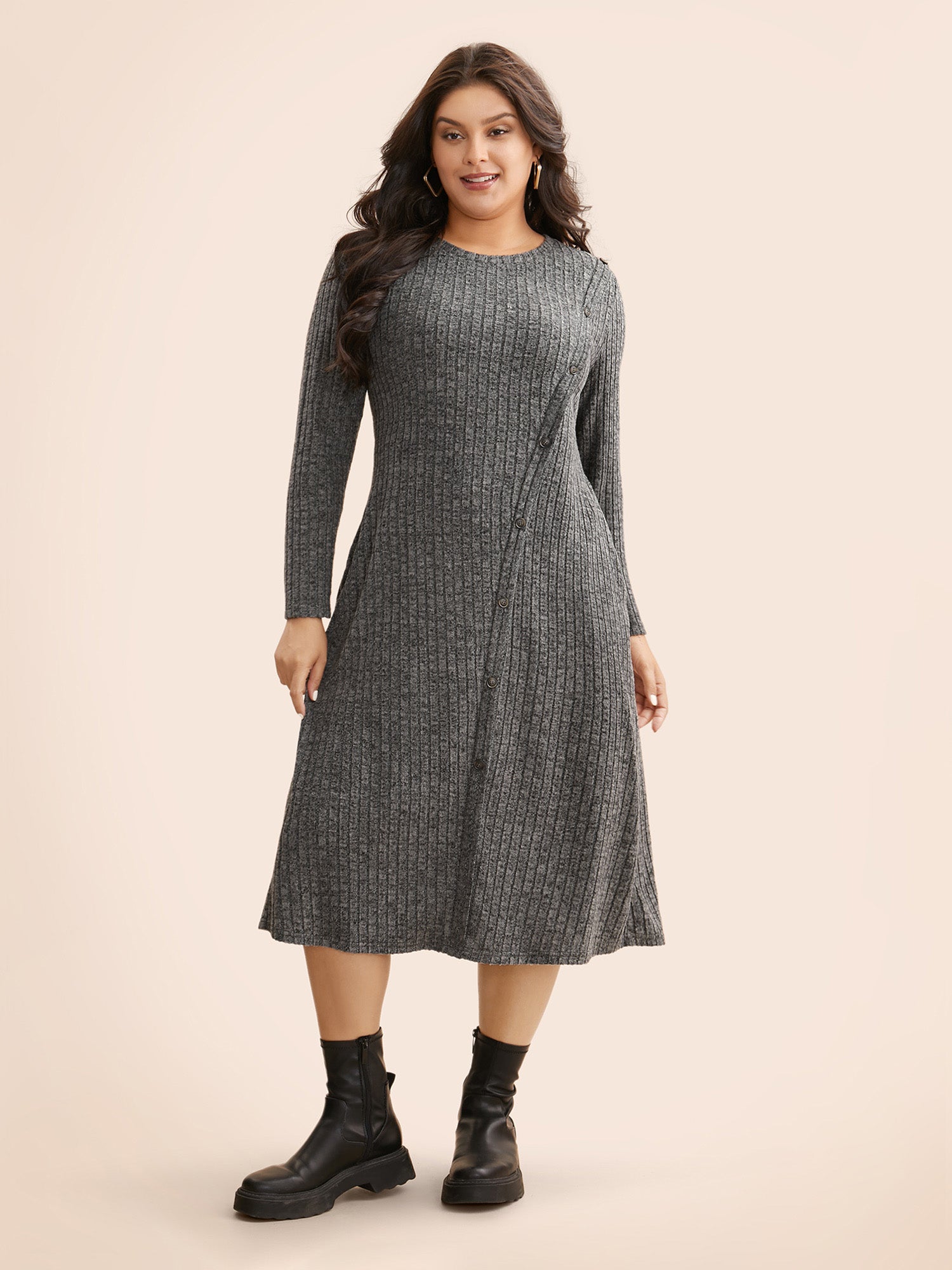 Crew Neck Button Detail Slim Fit Dress