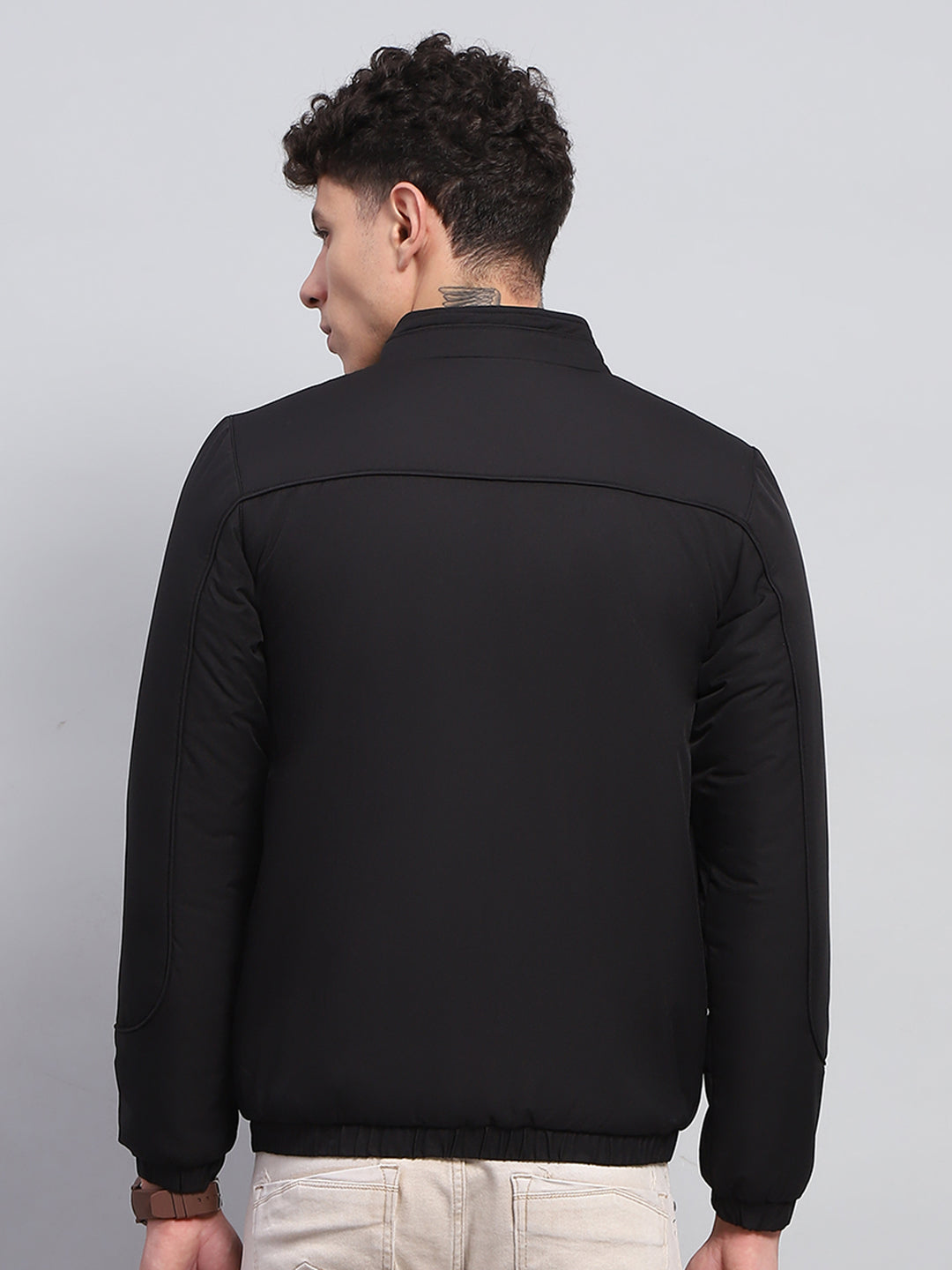 Men Black Solid Mock Neck Full Sleeve Jacket