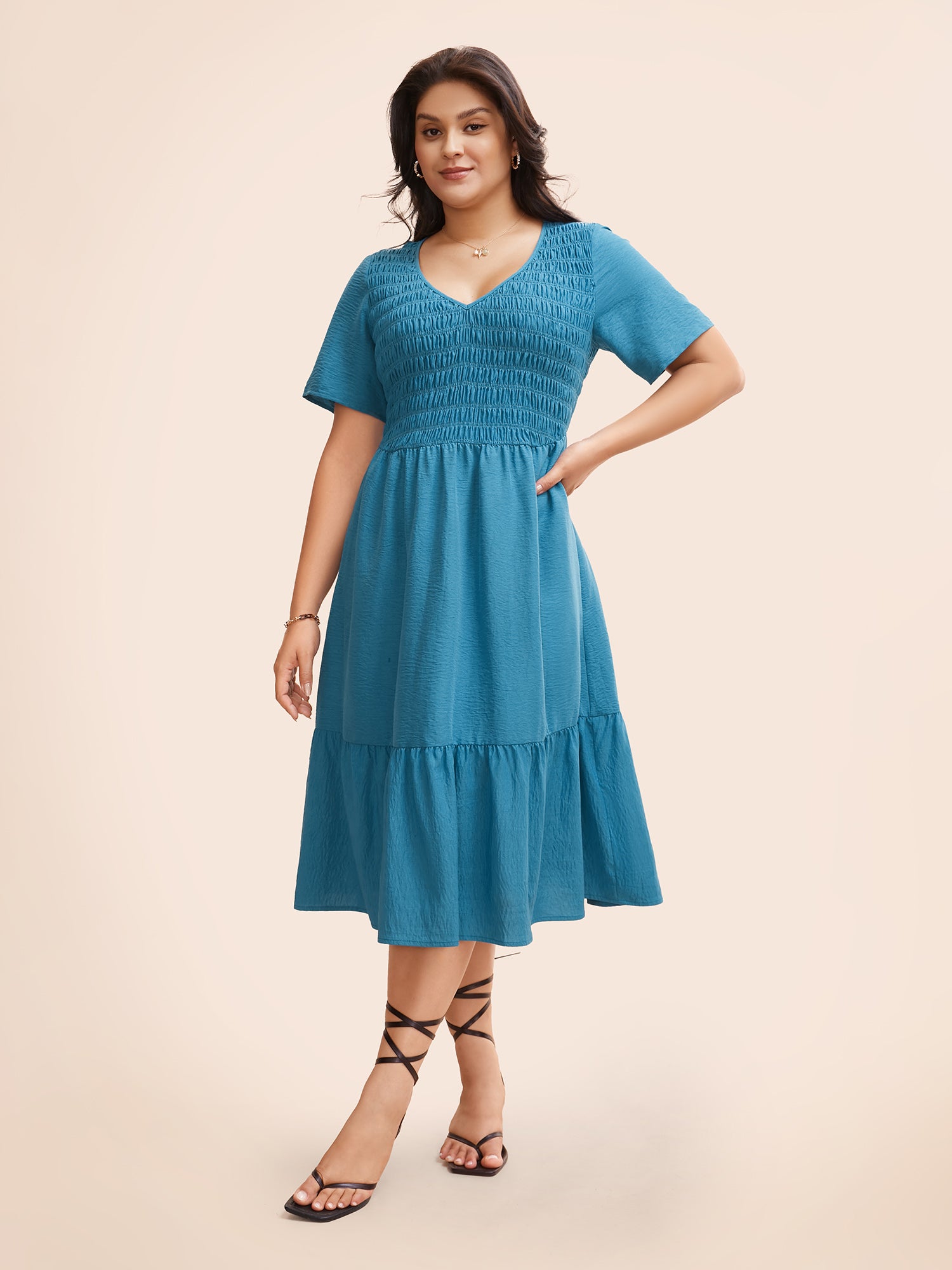 Solid Shirred Ruffle Hem Midi Dress