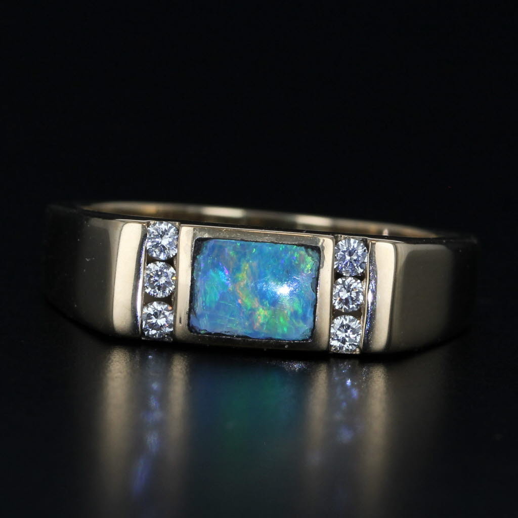 Kabana Blue Green Opal Diamond Ring 14k Yellow Gold Size 6.75