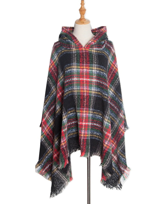 Direct New Cape Europe And The United States Spring And Autumn And Winter New Barbed Wool Pullover Plaid Hat Cape Shawl