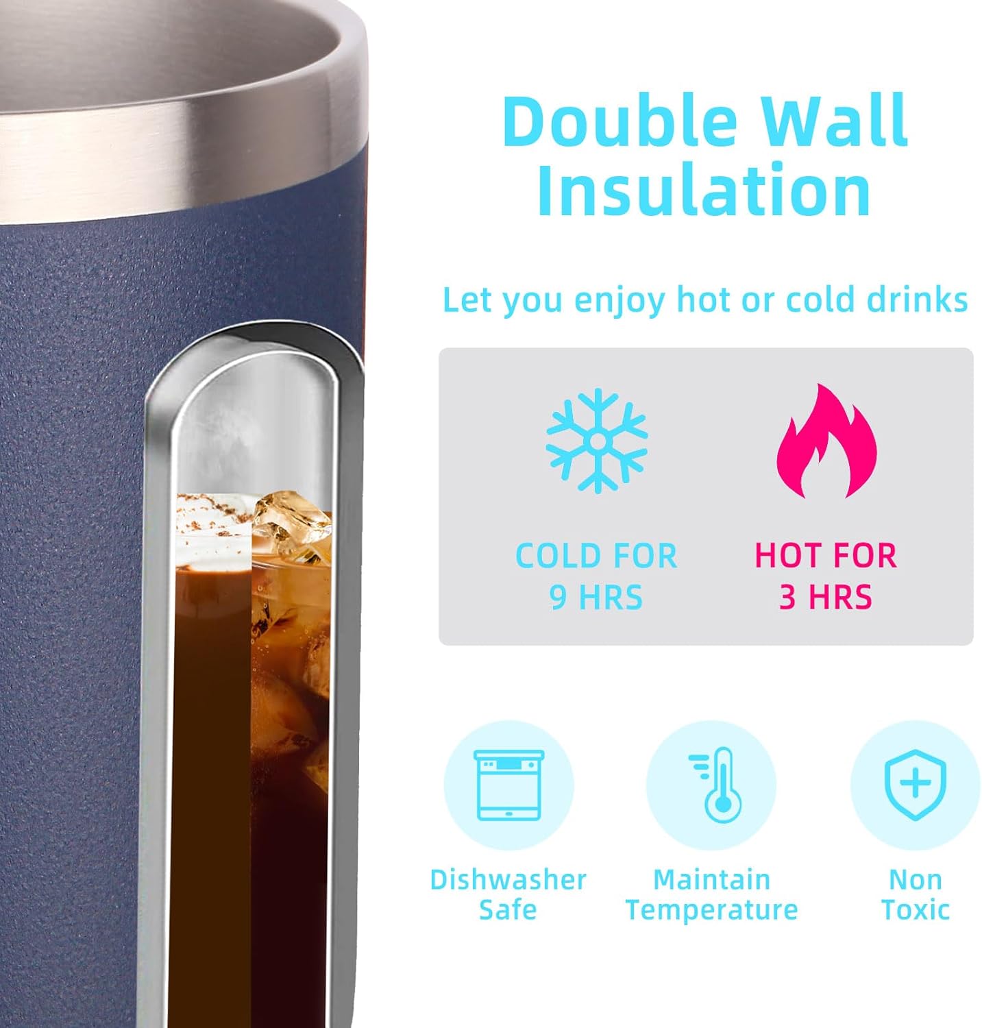 Volhoply 14oz Insulated Stainless Steel Coffee Mug with Leakproof Lid,Double Wall Vacuum Travel Coffee Cup with Handle,Reusable Metal Tumbler,Camping Mugs Keep Hot/Cold,Christmas Gifts(Black,1