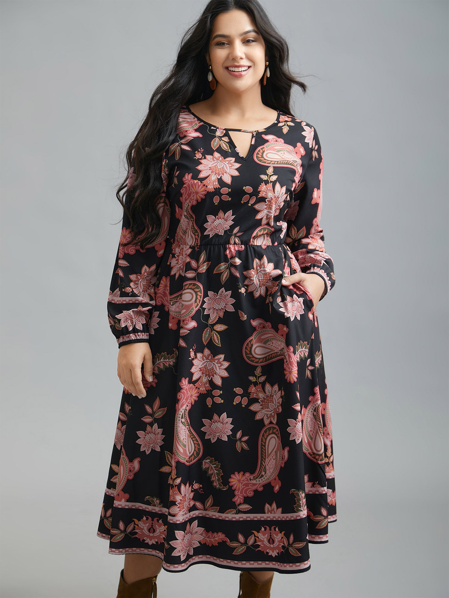 Floral Boho Print Neck Cut-Out Dress