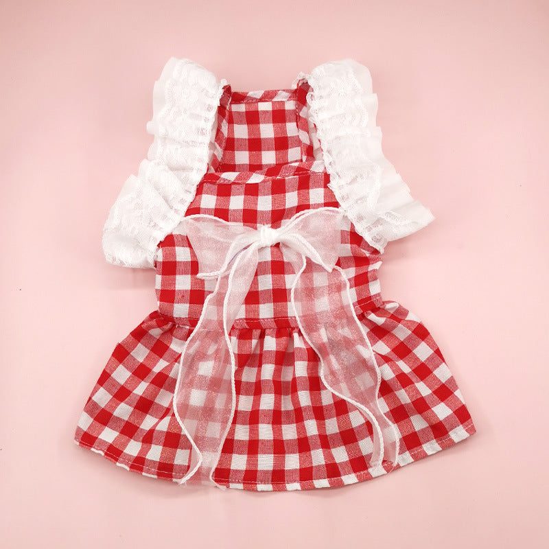 Plaid Lace Bow Dog Cat Dress