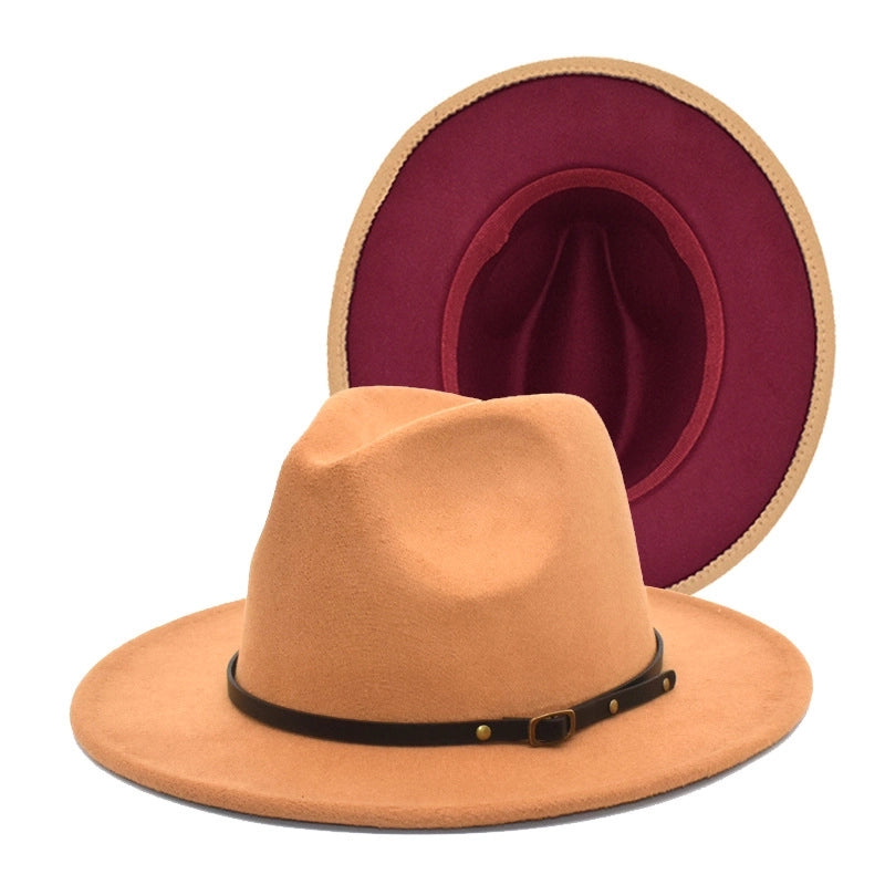 New Women's Woolen Top Hat Fashion Red And Black Color-matching Hat Women's Flat-brimmed Jazz Hat