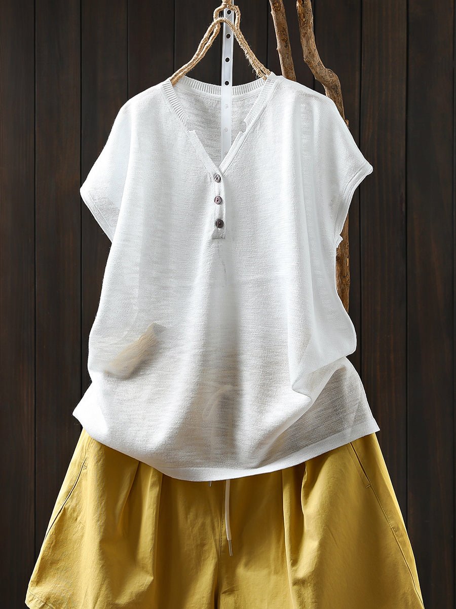 Women Summer Casual Pure Color Knitted V-Neck Shirt